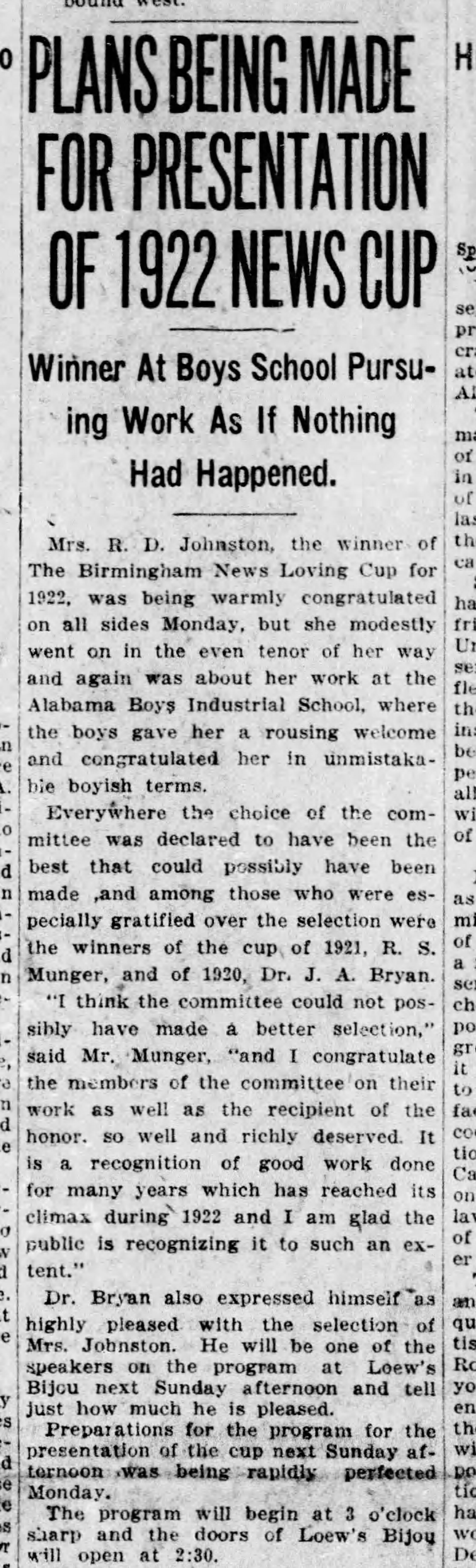Plans Being Made For Presentation of 1922 Loving Cup